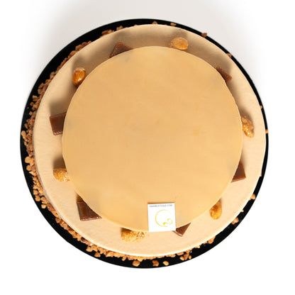 Alcohol-free French caramel cake with Dulcey chocolate, cashew, vanilla bean and contrasting creamy and crunchy textures.