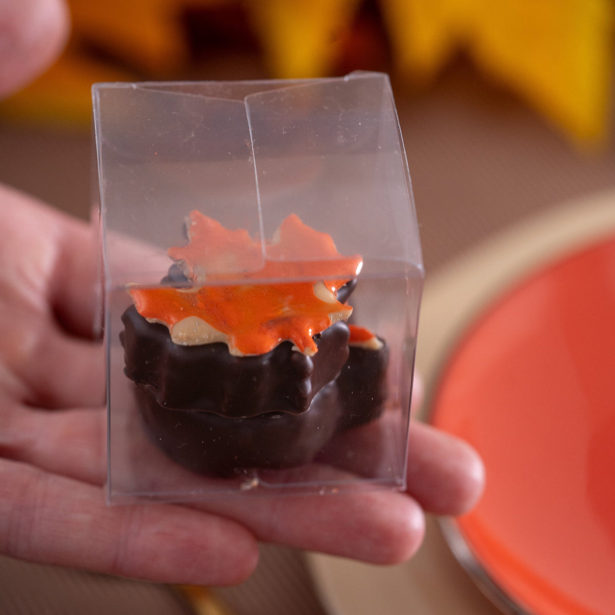 Elegant French Thanksgiving chocolates with pumpkin and Canadian maple leaf decorations from Yann Haute Patisserie.