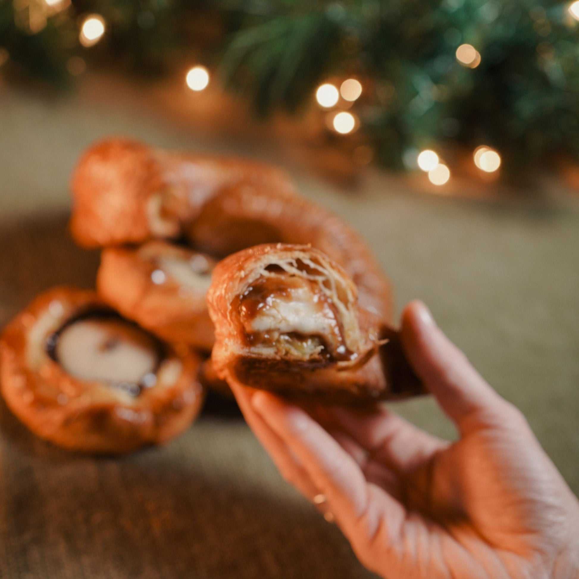 Artisan croissant with silky caramel and vanilla rice pudding filling.
