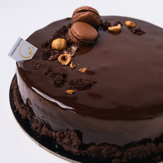 Royal chocolate cake with Valrhona dark chocolate bavaroise, hazelnut crunch and almond chocolate cake.