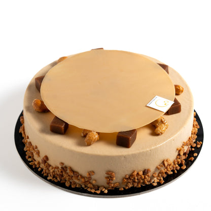 Sacher Doré French cake with cashew caramel, vanilla Dulcey cremeux and salted caramel by Yann Haute Patisserie in Calgary.