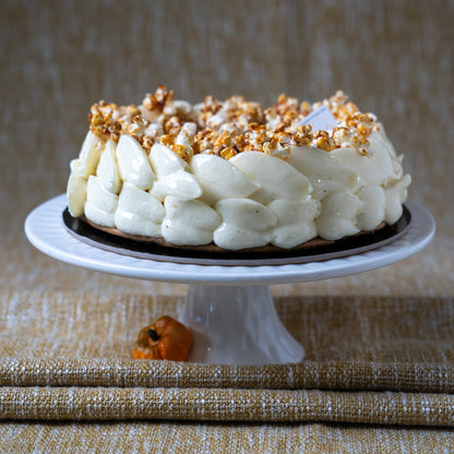 Limited-edition Thanksgiving cake in Calgary with vanilla bean chantilly, pumpkin crème brûlée and white chocolate Sacher cake.