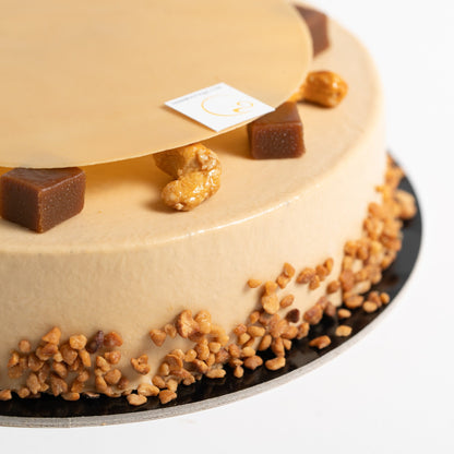 Sacher Doré signature cake from Yann Haute Patisserie, combining Dulcey chocolate, cashew and salted caramel.