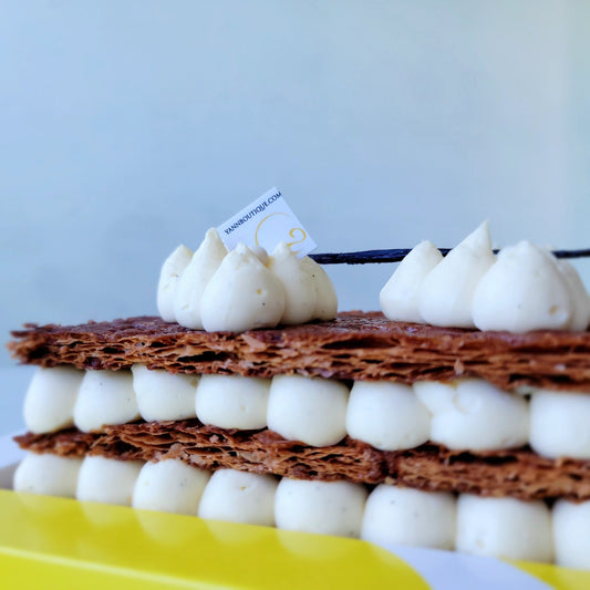 A French classic! One of these simple yet wonderful dessert. Caramelized puff pastry with Madagascar real vanilla bean cream - Nut free! Instructions: keep refrigerated & enjoy! Yann Haute Patisserie, authentic French bakery with delicious cakes, macarons, bread & croissants. In Mission, Calgary.